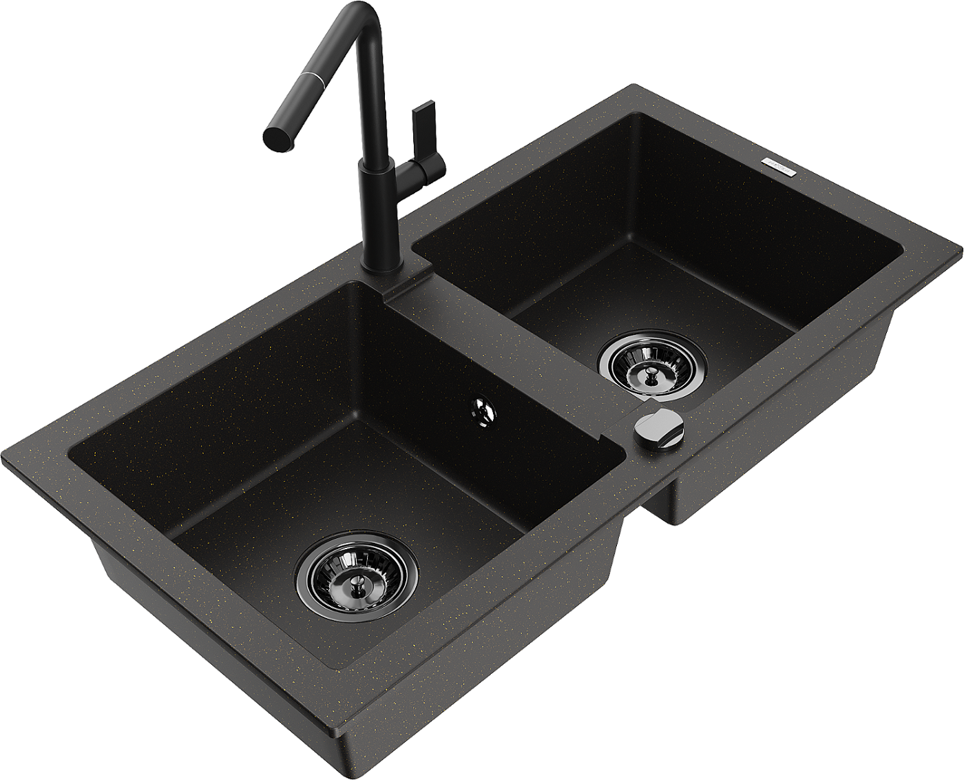 Mexen Mario zlewozmywak granitowy 2-komorowy z baterią kuchenną Flora, czarny/złoty metalik - 6504-75-670401-70-B
