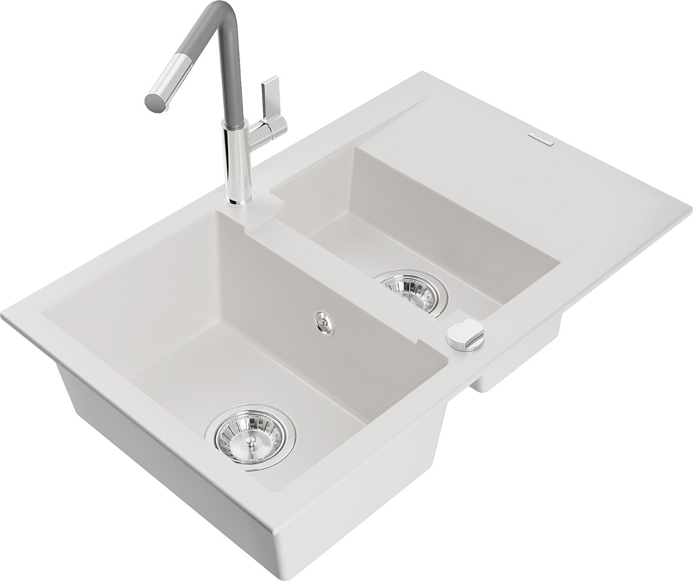 Mexen Gaspar zlewozmywak granitowy 1,5-komorowy z ociekaczem i baterią kuchenną Flora, biały - 6507-20-670401-06