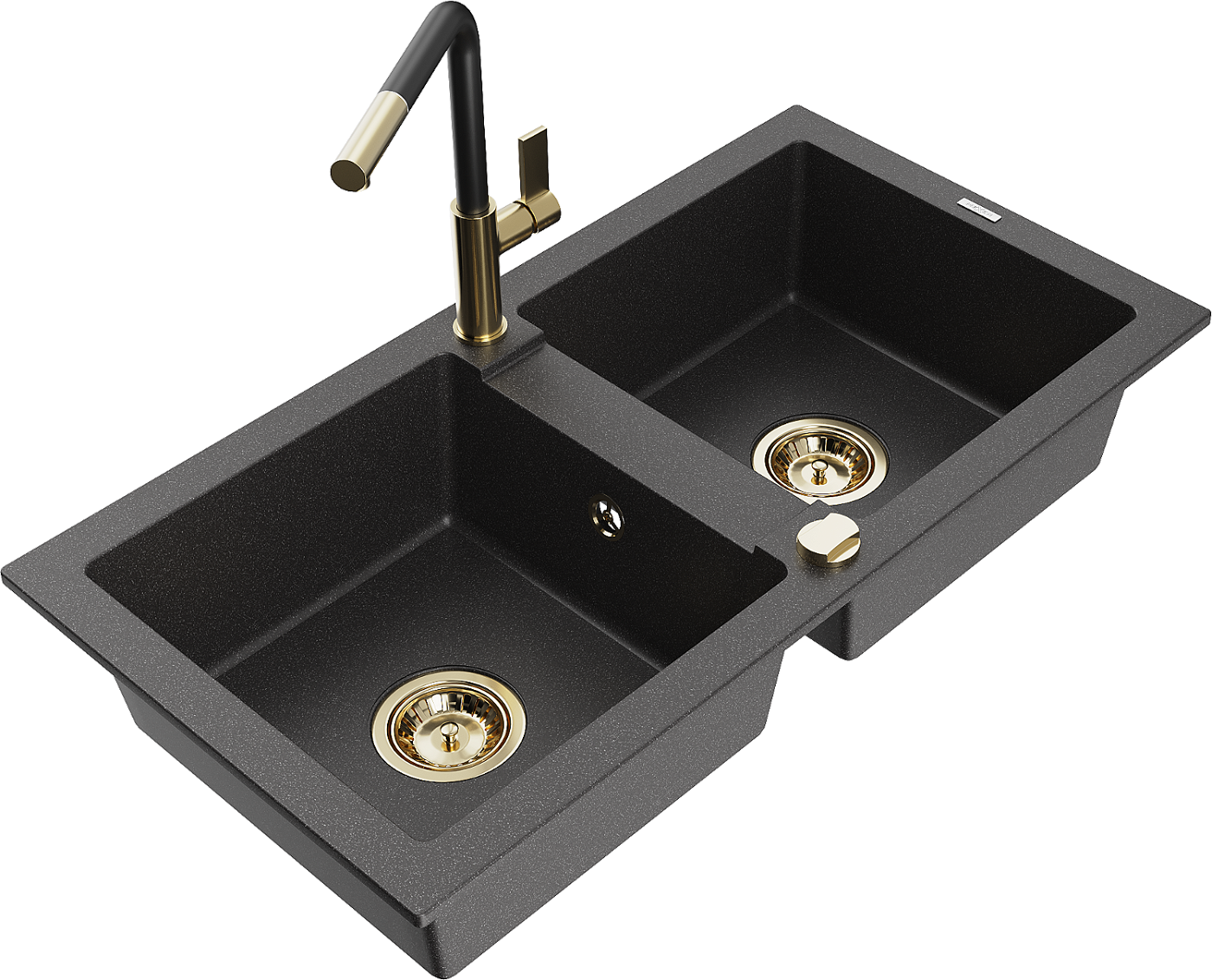 Mexen Mario zlewozmywak granitowy 2-komorowy z baterią kuchenną Flora, czarny nakrapiany - 6504-76-670401-57-G