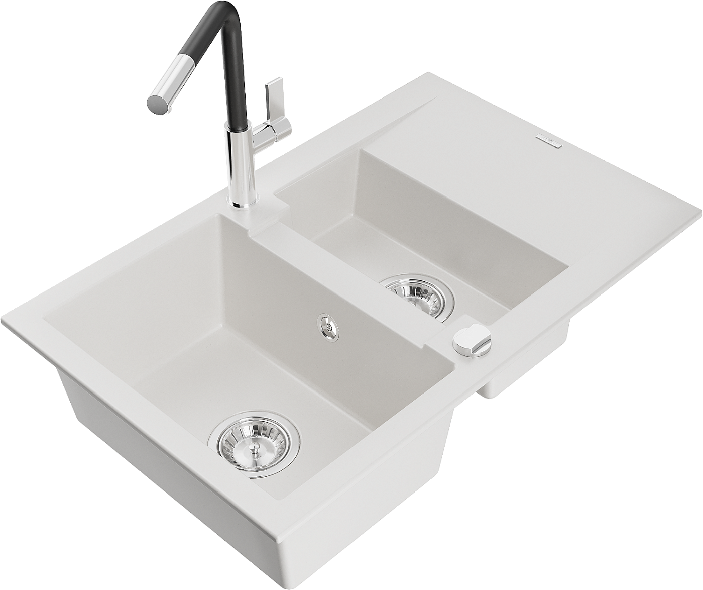 Mexen Gaspar zlewozmywak granitowy 1,5-komorowy z ociekaczem i baterią kuchenną Flora, biały - 6507-20-670401-07