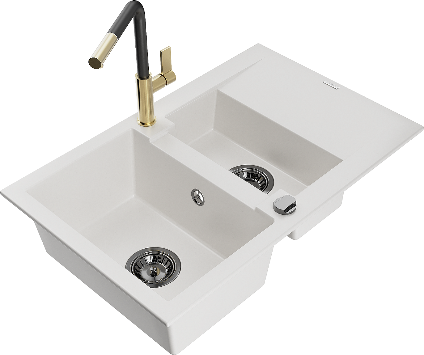 Mexen Gaspar zlewozmywak granitowy 1,5-komorowy z ociekaczem i baterią kuchenną Flora, biały - 6507-20-670401-57-B