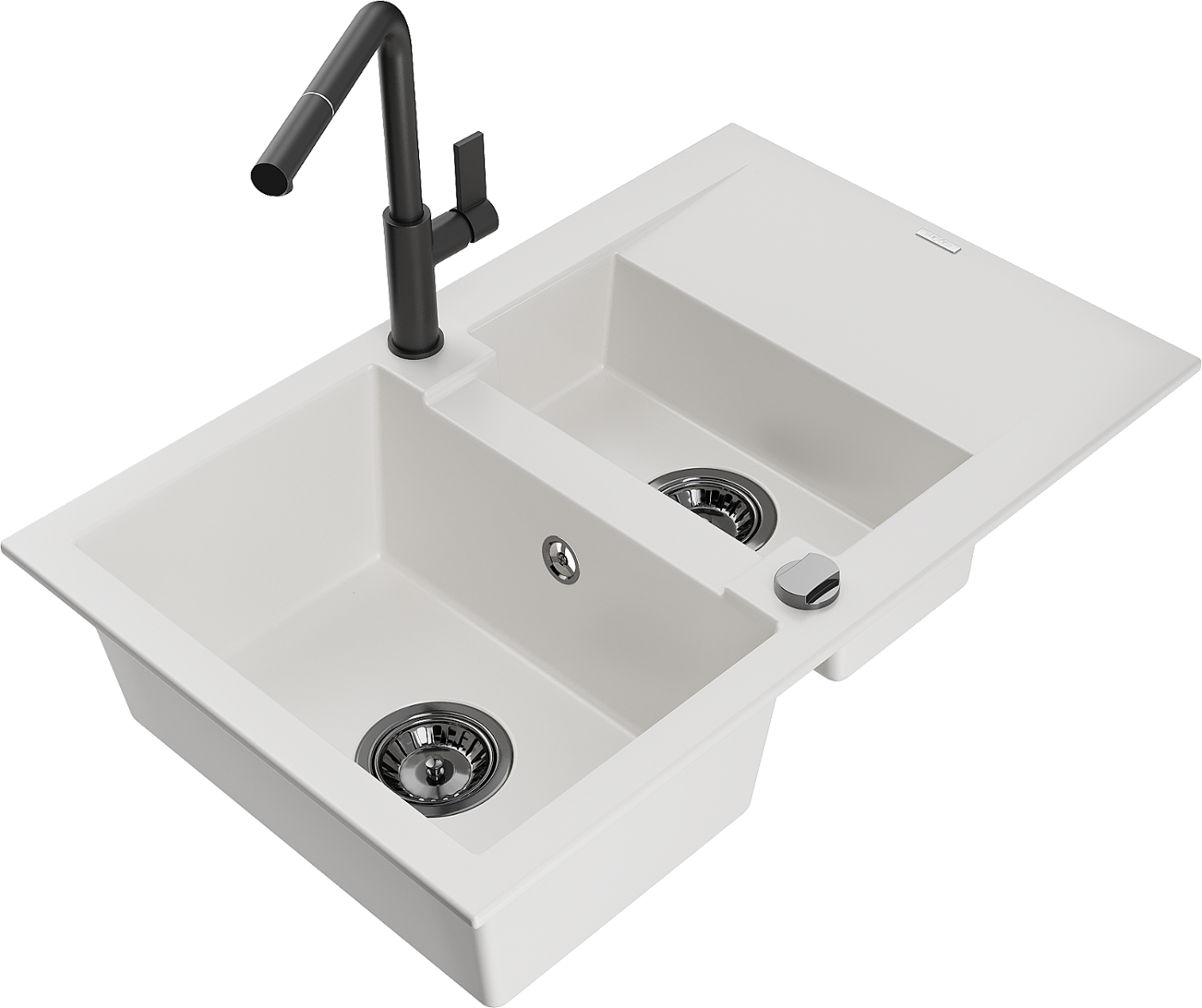 Mexen Gaspar zlewozmywak granitowy 1,5-komorowy z ociekaczem i baterią kuchenną Flora, biały - 6507-20-670401-70-B