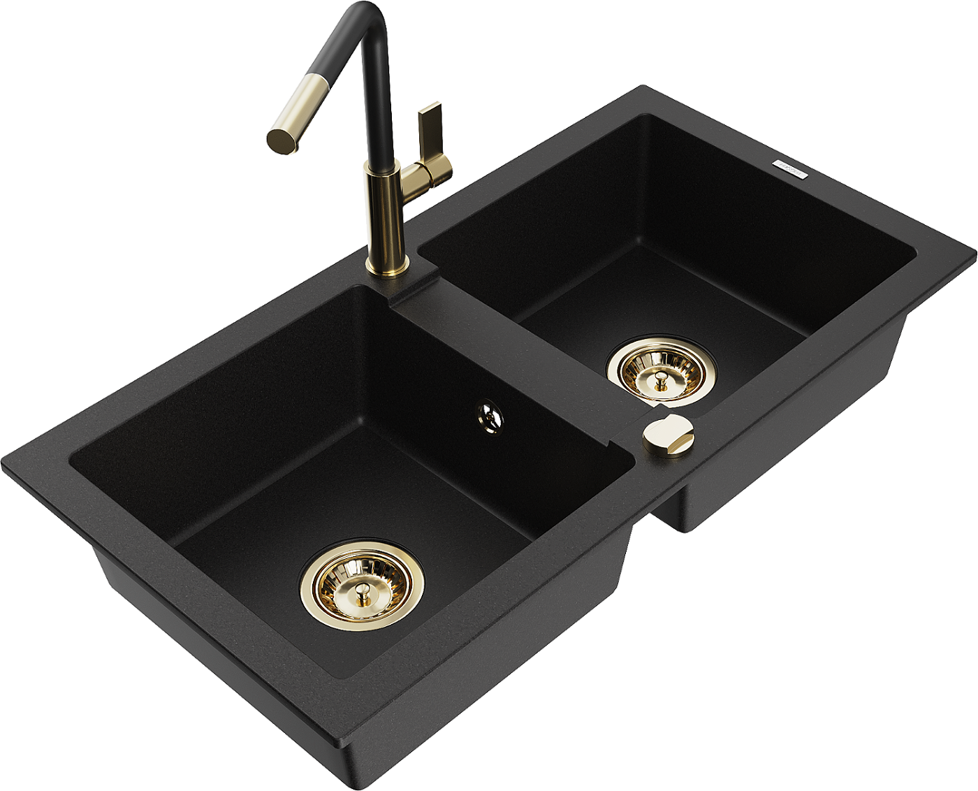 Mexen Mario zlewozmywak granitowy 2-komorowy z baterią kuchenną Flora, czarny - 6504-77-670401-57-G