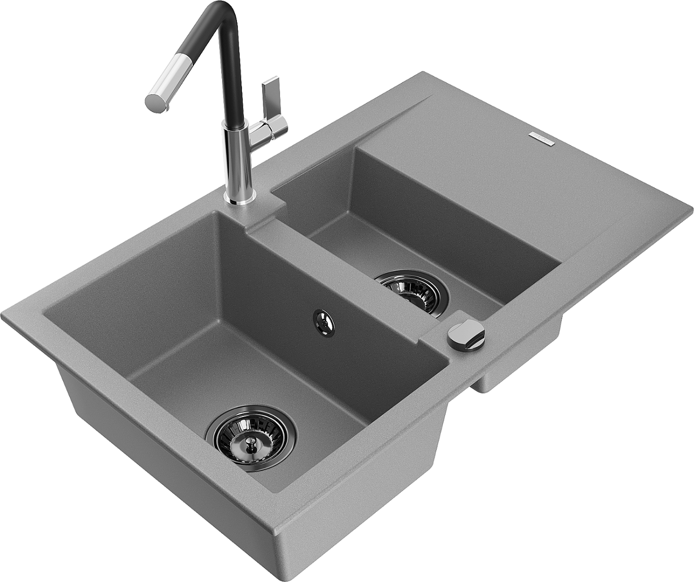 Mexen Gaspar zlewozmywak granitowy 1,5-komorowy z ociekaczem i baterią kuchenną Flora, szary - 6507-71-670401-07-B