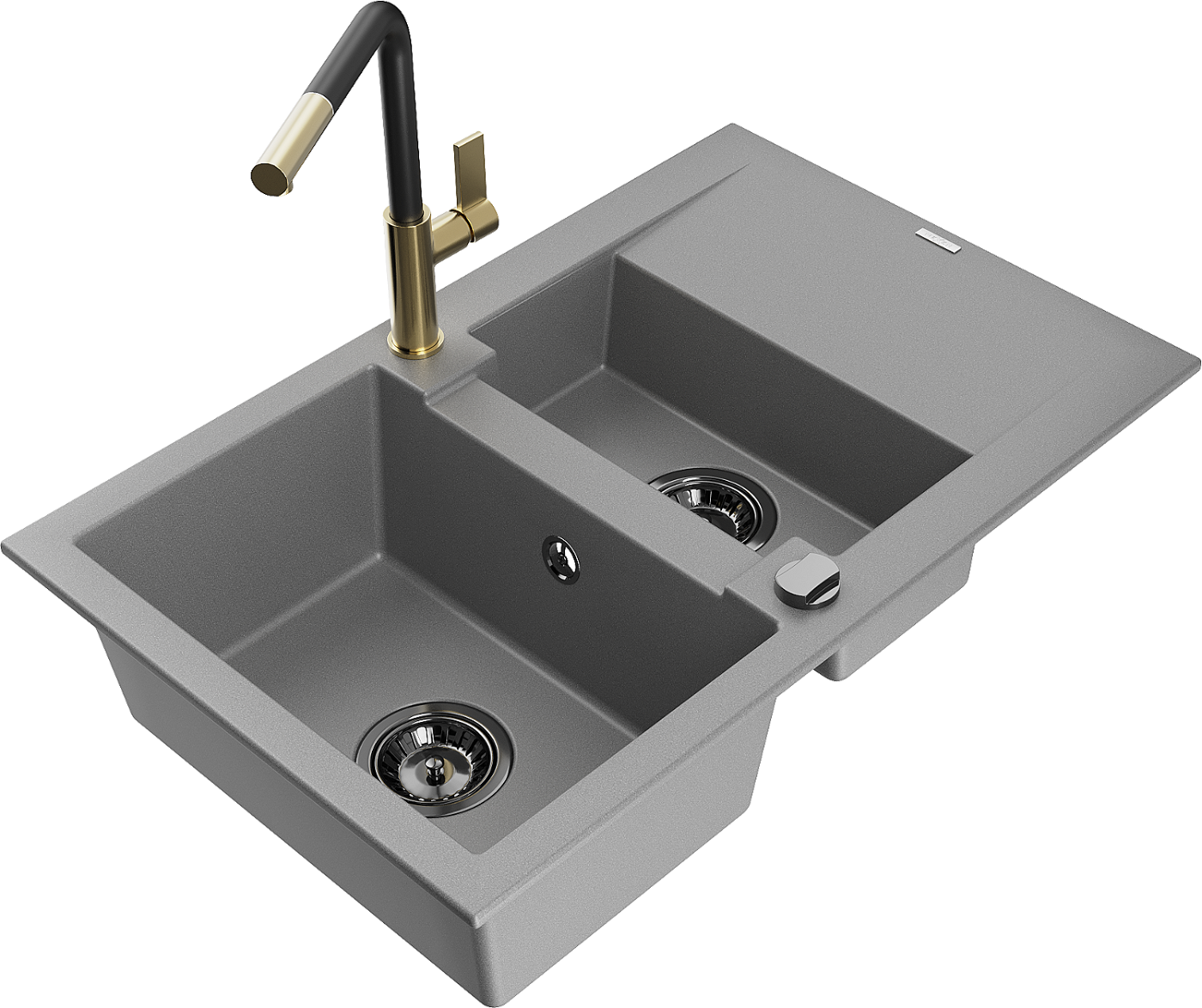 Mexen Gaspar zlewozmywak granitowy 1,5-komorowy z ociekaczem i baterią kuchenną Flora, szary - 6507-71-670401-57-B