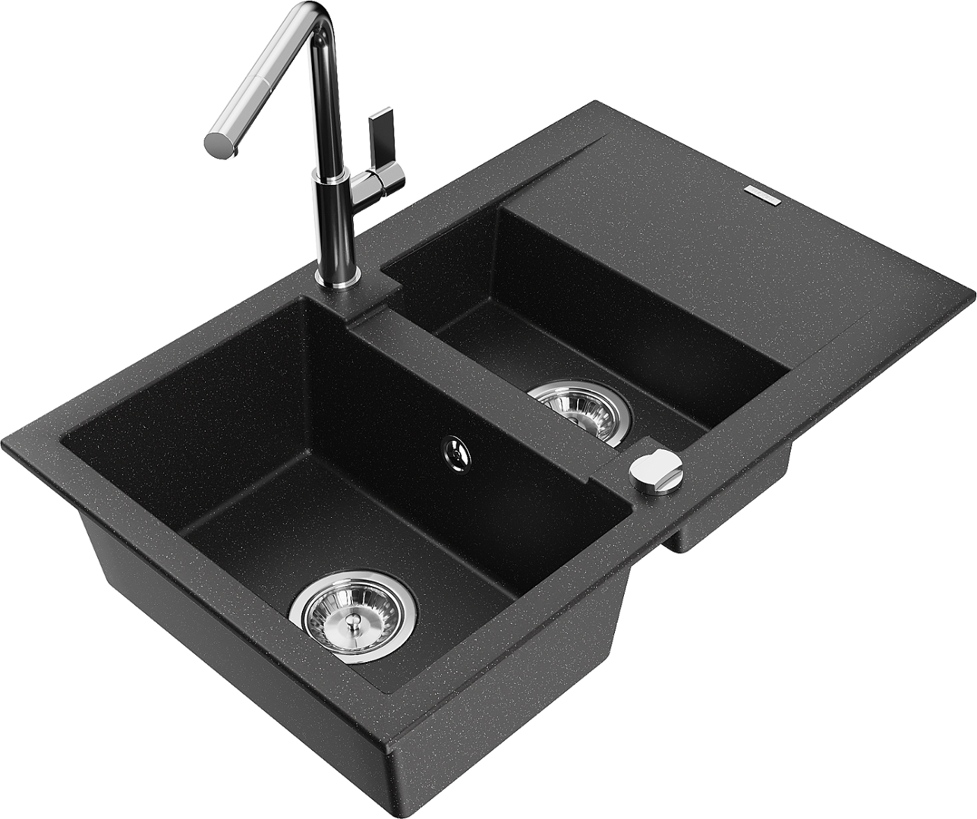Mexen Gaspar zlewozmywak granitowy 1,5-komorowy z ociekaczem i baterią kuchenną Flora, czarny/srebrny - 6507-73-670401-00