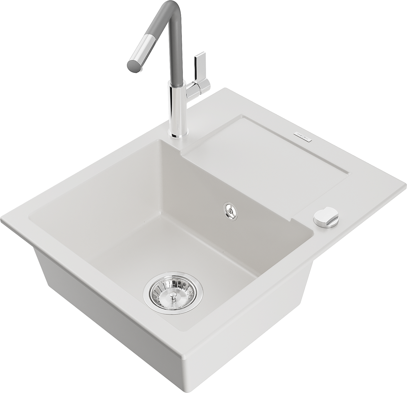 Mexen Enzo zlewozmywak granitowy 1-komorowy z ociekaczem i baterią kuchenną Flora, biały - 6506-20-670401-06