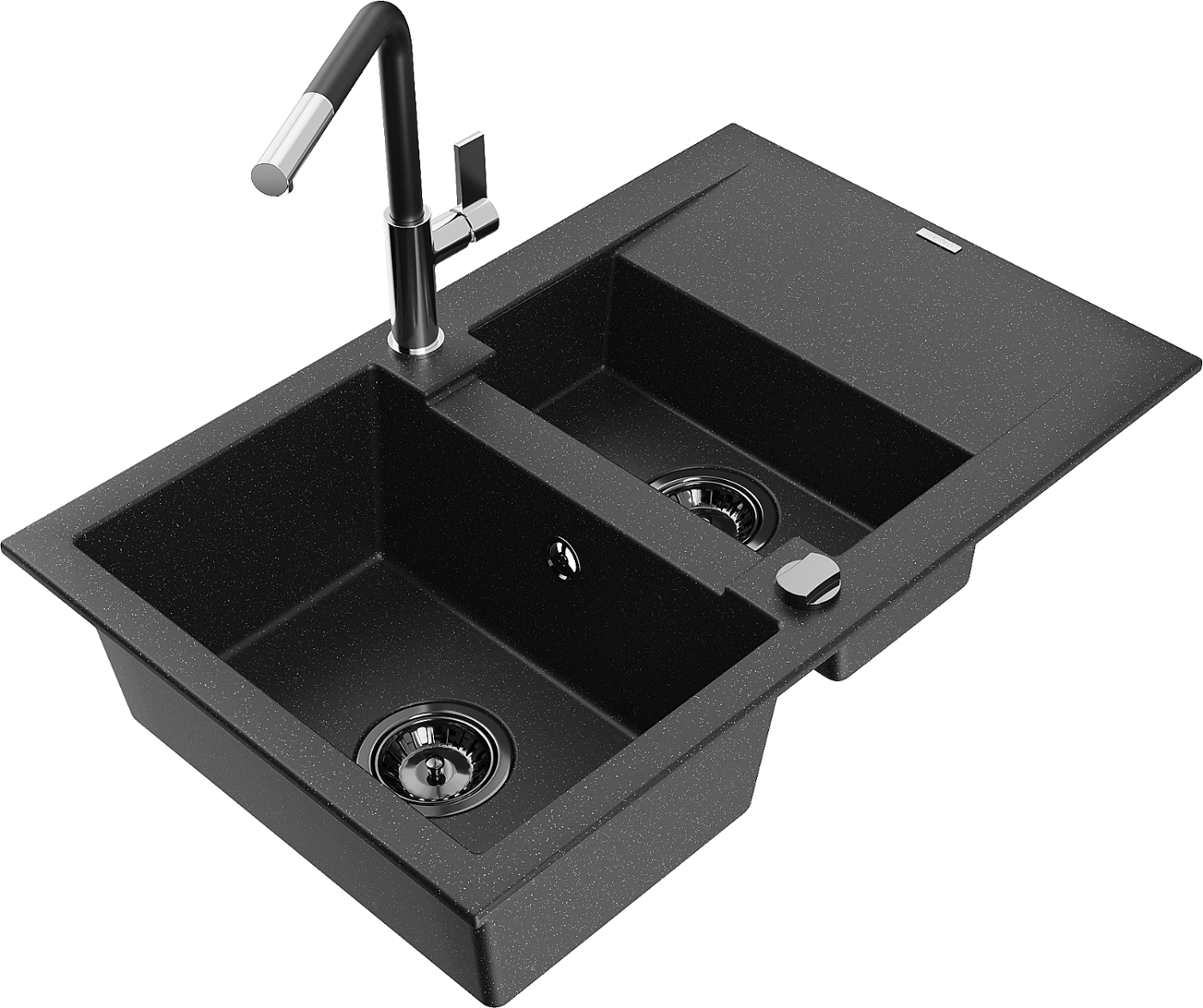 Mexen Gaspar zlewozmywak granitowy 1,5-komorowy z ociekaczem i baterią kuchenną Flora, czarny/srebrny - 6507-73-670401-07-B