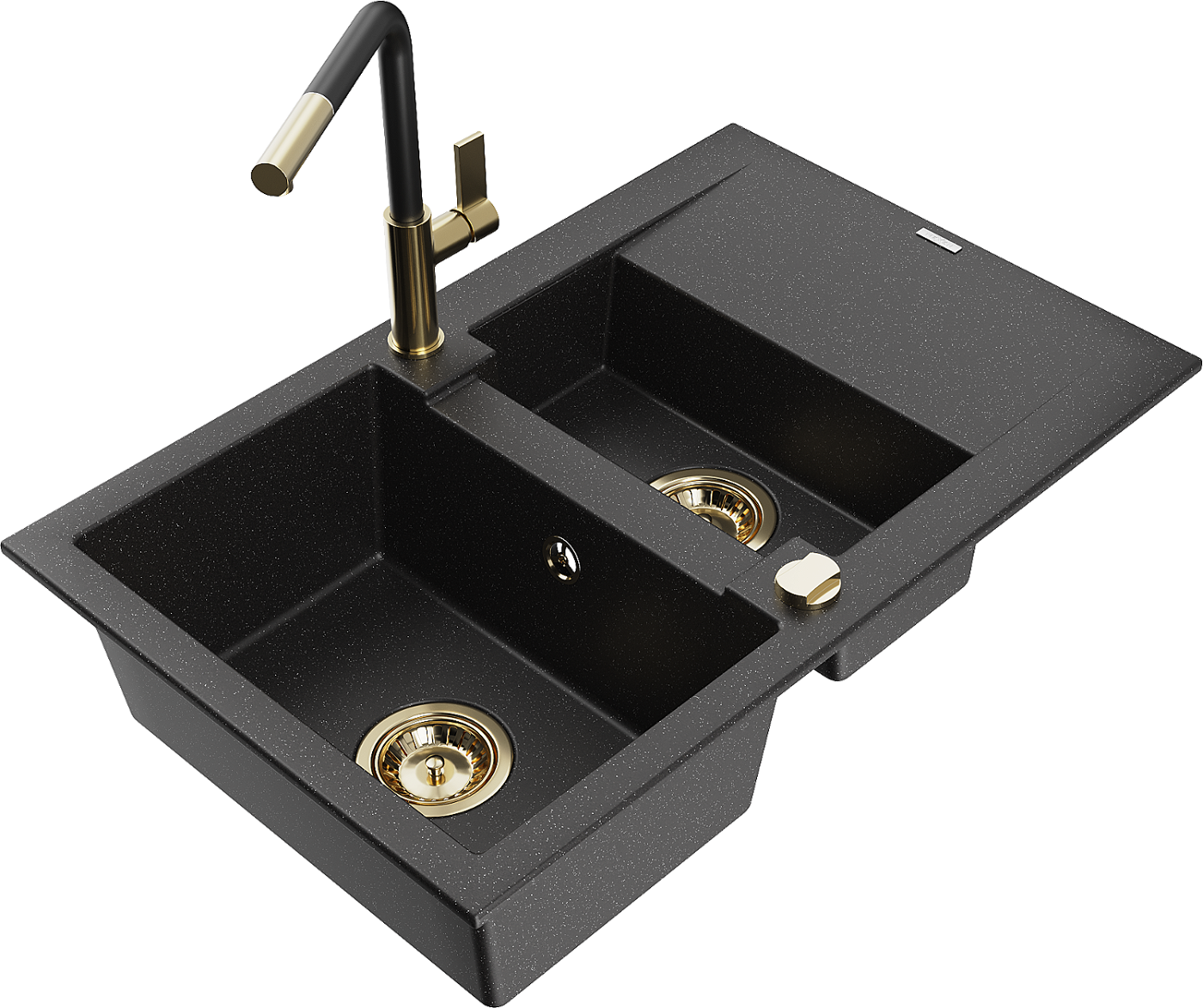 Mexen Gaspar zlewozmywak granitowy 1,5-komorowy z ociekaczem i baterią kuchenną Flora, czarny/srebrny - 6507-73-670401-57-G