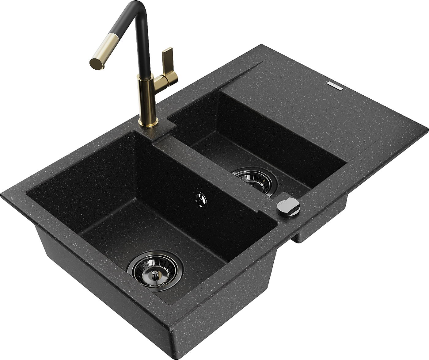 Mexen Gaspar zlewozmywak granitowy 1,5-komorowy z ociekaczem i baterią kuchenną Flora, czarny/srebrny - 6507-73-670401-57-B