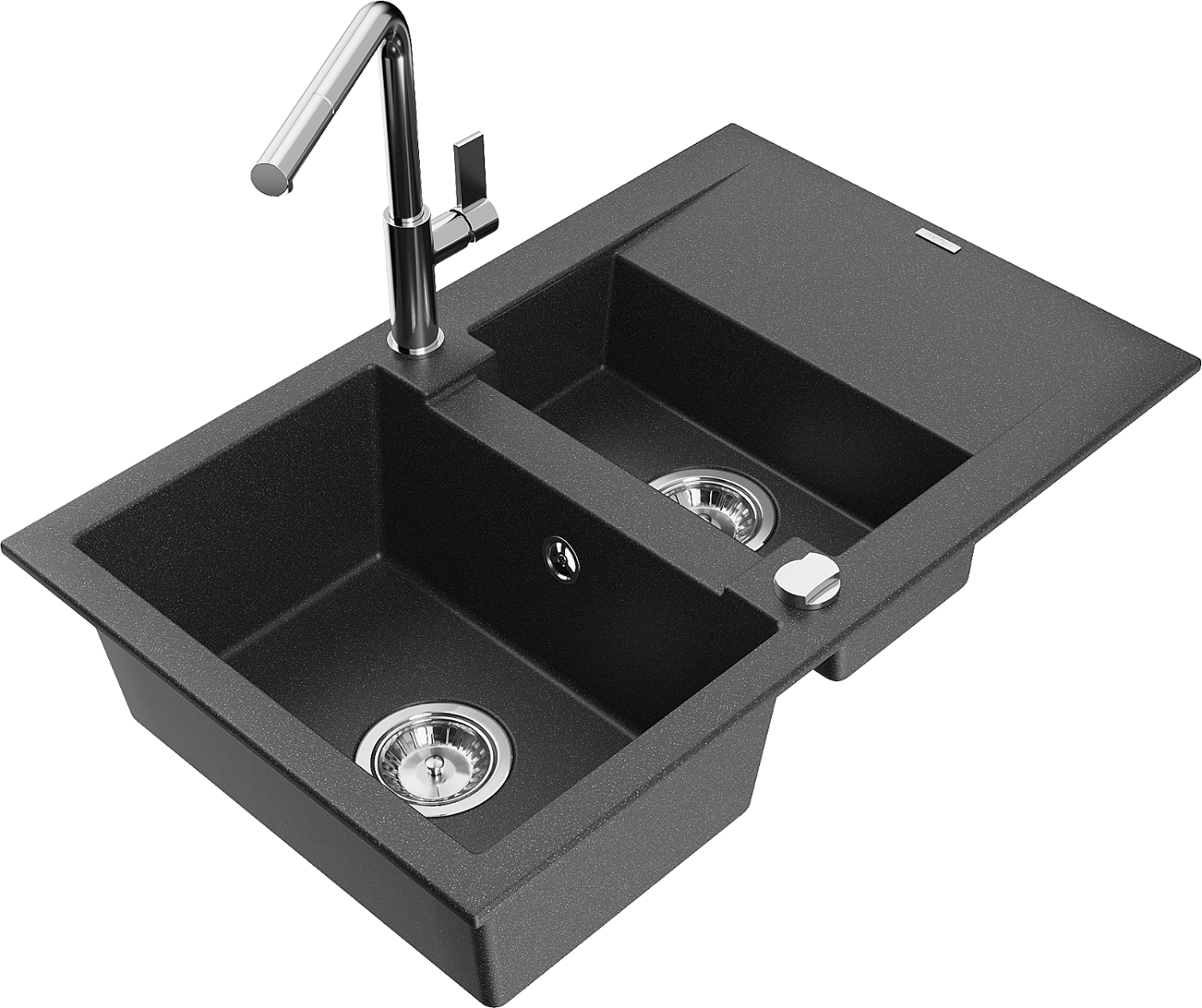 Mexen Gaspar zlewozmywak granitowy 1,5-komorowy z ociekaczem i baterią kuchenną Flora, czarny nakrapiany - 6507-76-670401-00