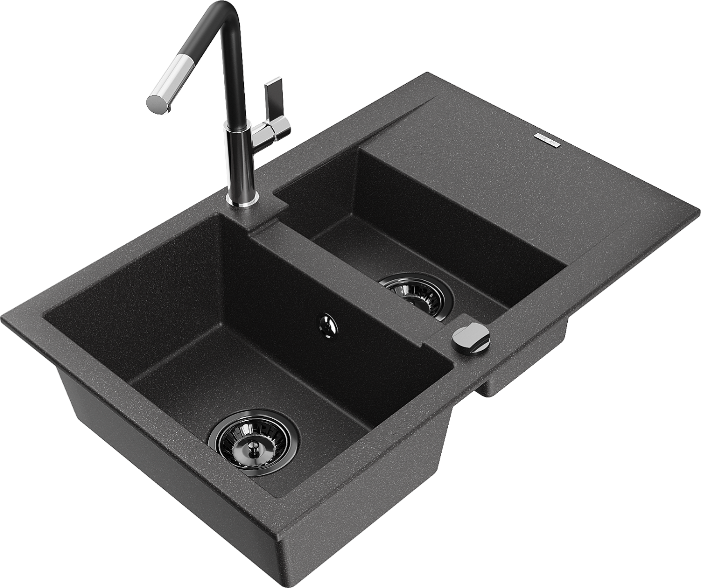 Mexen Gaspar zlewozmywak granitowy 1,5-komorowy z ociekaczem i baterią kuchenną Flora, czarny nakrapiany - 6507-76-670401-07-B