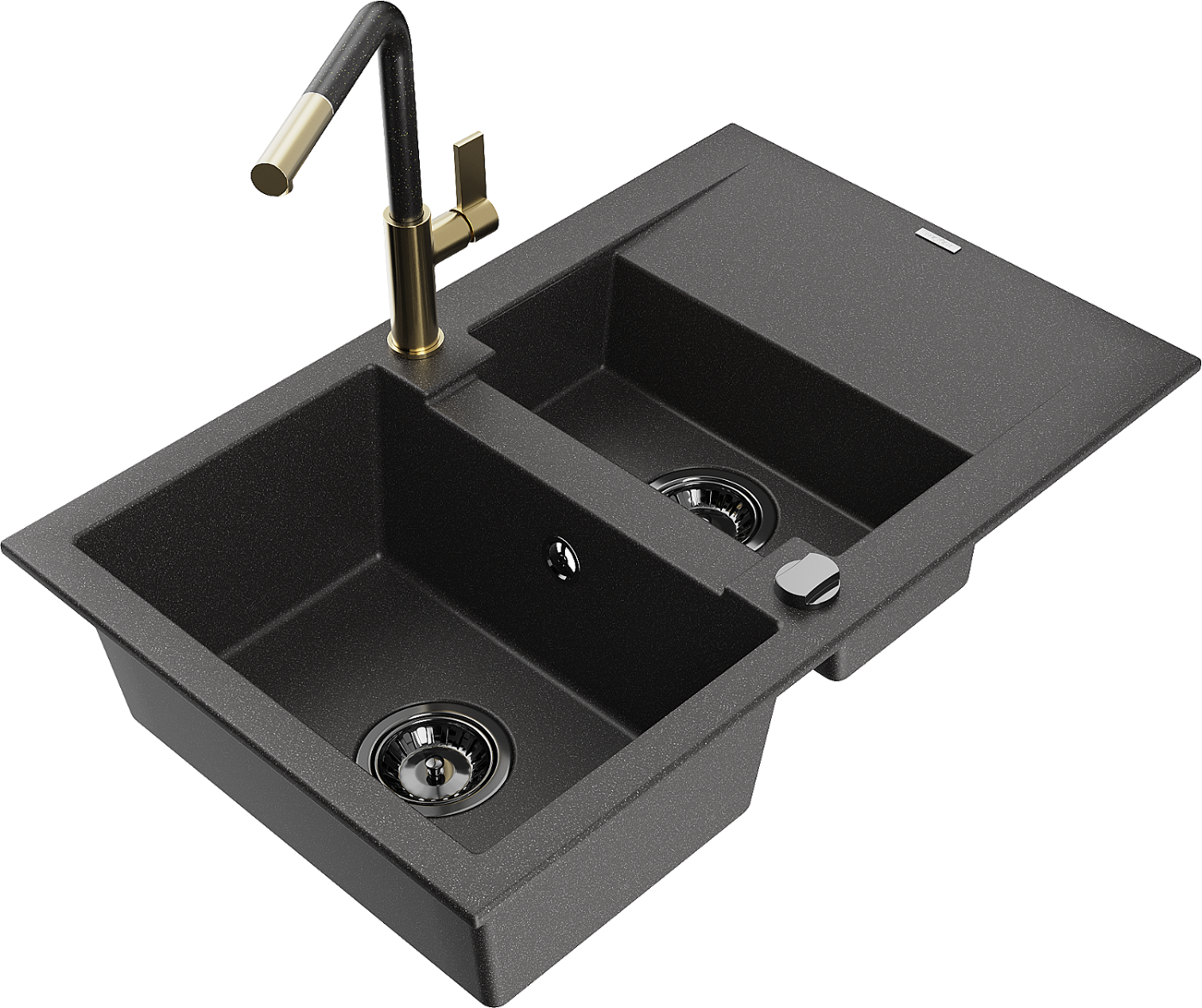 Mexen Gaspar zlewozmywak granitowy 1,5-komorowy z ociekaczem i baterią kuchenną Flora, czarny nakrapiany - 6507-76-670401-75-B