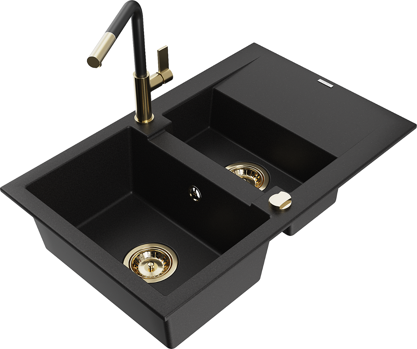 Mexen Gaspar zlewozmywak granitowy 1,5-komorowy z ociekaczem i baterią kuchenną Flora, czarny - 6507-77-670401-57-G