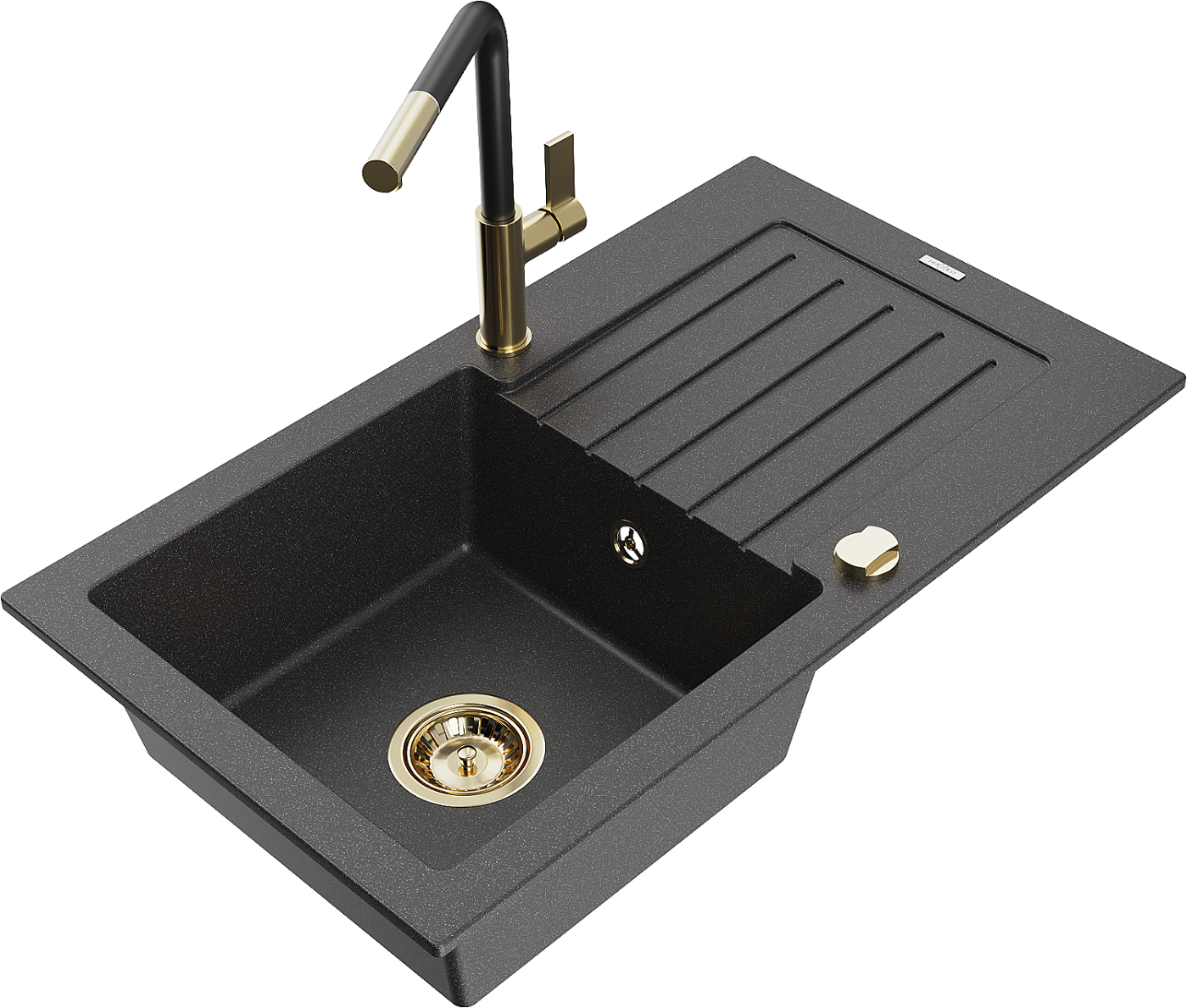 Mexen Pablo zlewozmywak granitowy 1-komorowy z ociekaczem i baterią kuchenną Flora, czarny nakrapiany - 6510-76-670401-57-G