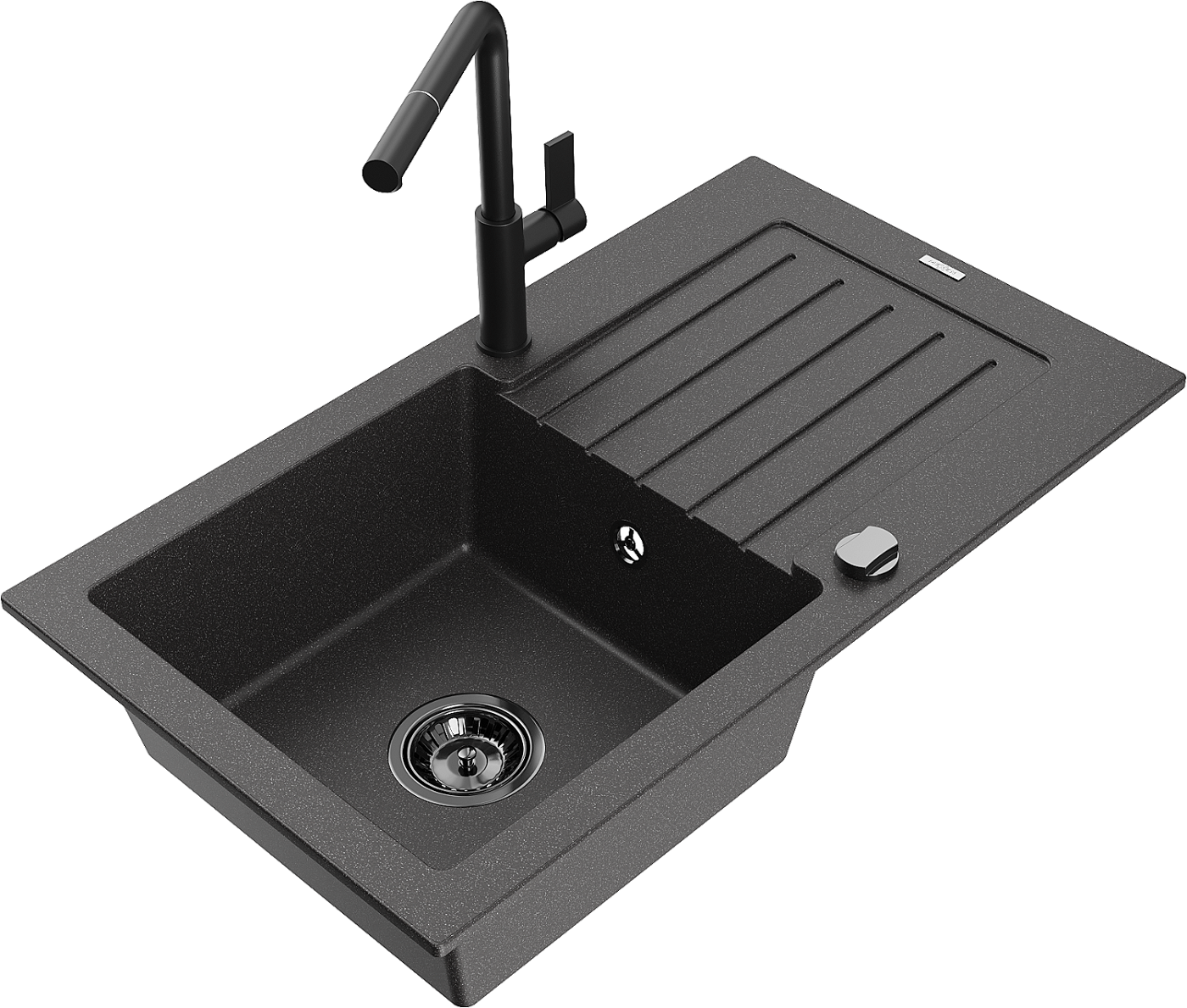 Mexen Pablo zlewozmywak granitowy 1-komorowy z ociekaczem i baterią kuchenną Flora, czarny nakrapiany - 6510-76-670401-70-B