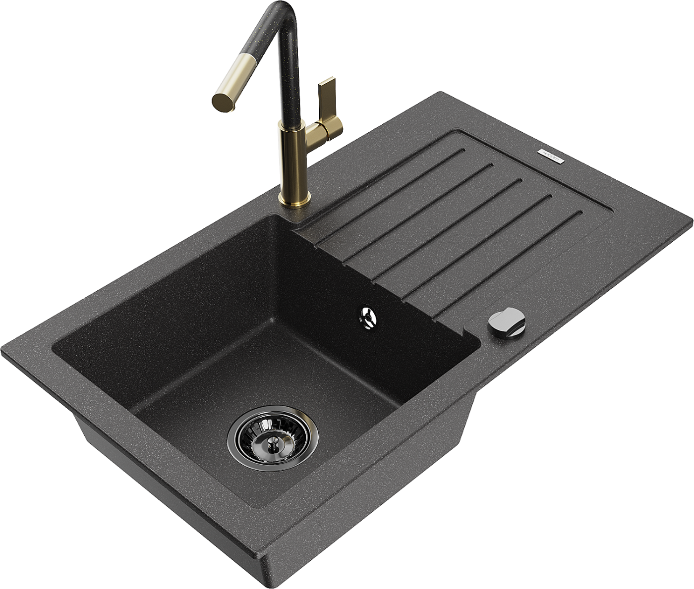 Mexen Pablo zlewozmywak granitowy 1-komorowy z ociekaczem i baterią kuchenną Flora, czarny nakrapiany - 6510-76-670401-75-B