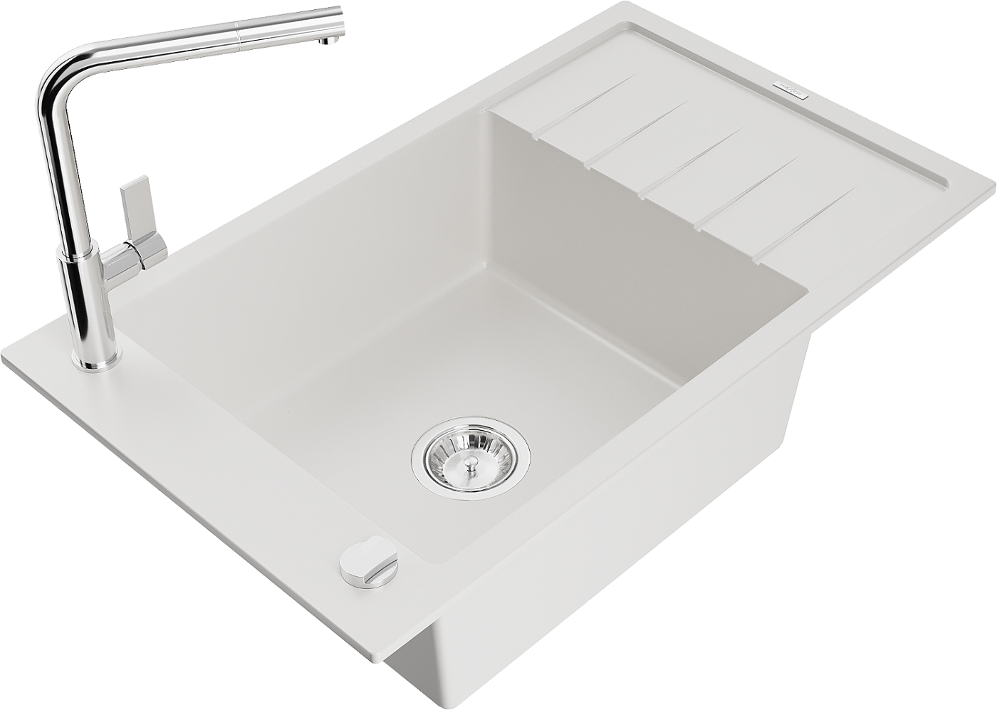 Mexen Elias zlewozmywak granitowy 1-komorowy z ociekaczem i baterią kuchenną Flora, biały - 6511-20-670401-00