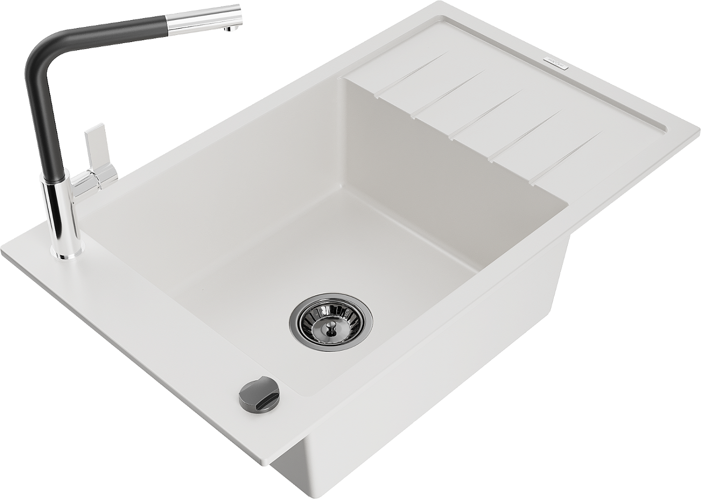 Mexen Elias zlewozmywak granitowy 1-komorowy z ociekaczem i baterią kuchenną Flora, biały - 6511-20-670401-07-B