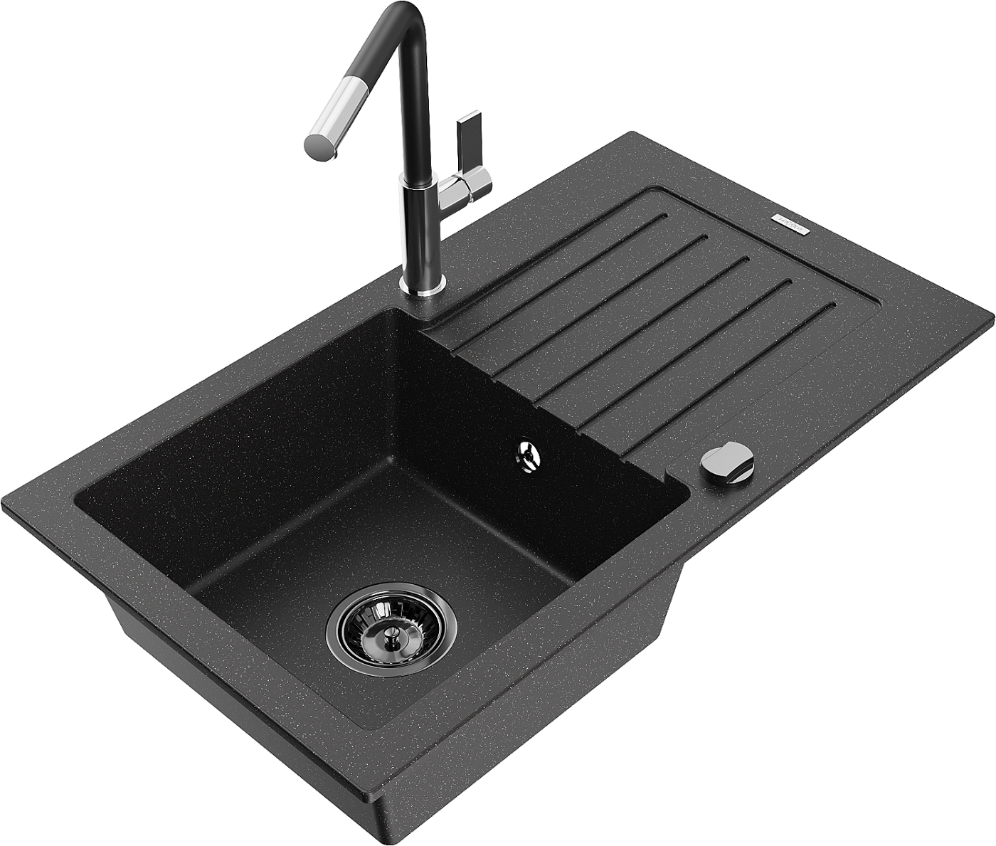Mexen Pablo zlewozmywak granitowy 1-komorowy z ociekaczem i baterią kuchenną Flora, czarny/srebrny metalik - 6510-73-670401-07-B