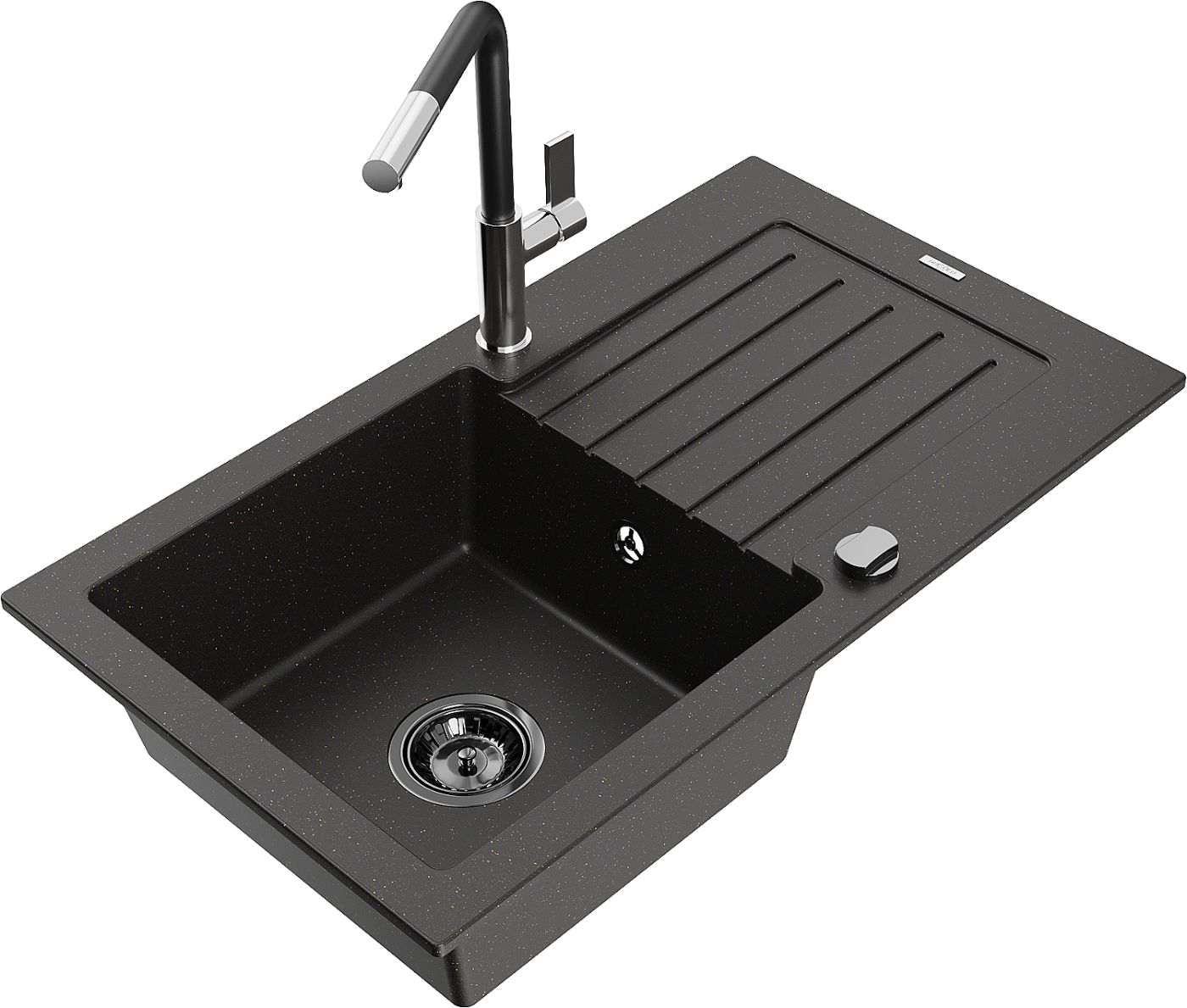Mexen Pablo zlewozmywak granitowy 1-komorowy z ociekaczem i baterią kuchenną Flora, czarny/złoty metalik - 6510-75-670401-07-B