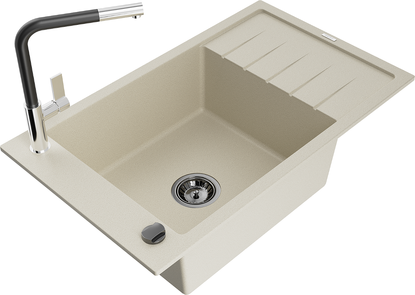 Mexen Elias zlewozmywak granitowy 1-komorowy z ociekaczem i baterią kuchenną Flora, beżowy - 6511-69-670401-07-B