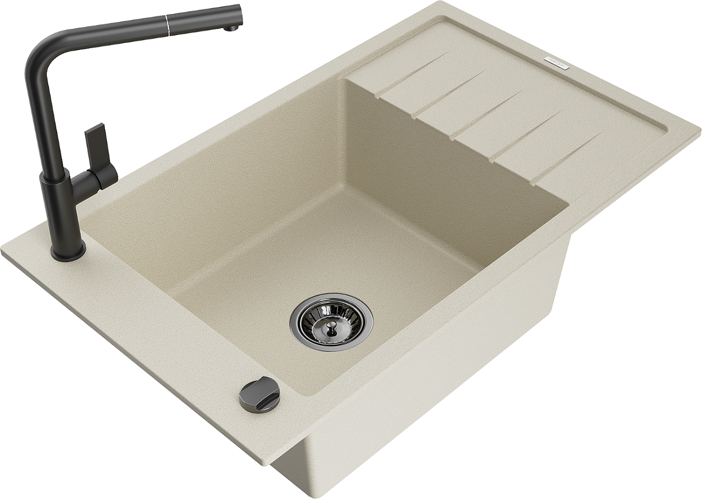 Mexen Elias zlewozmywak granitowy 1-komorowy z ociekaczem i baterią kuchenną Flora, beżowy - 6511-69-670401-70-B