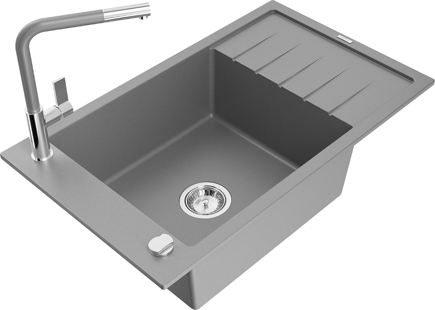 Mexen Elias zlewozmywak granitowy 1-komorowy z ociekaczem i baterią kuchenną Flora, szary - 6511-71-670401-06