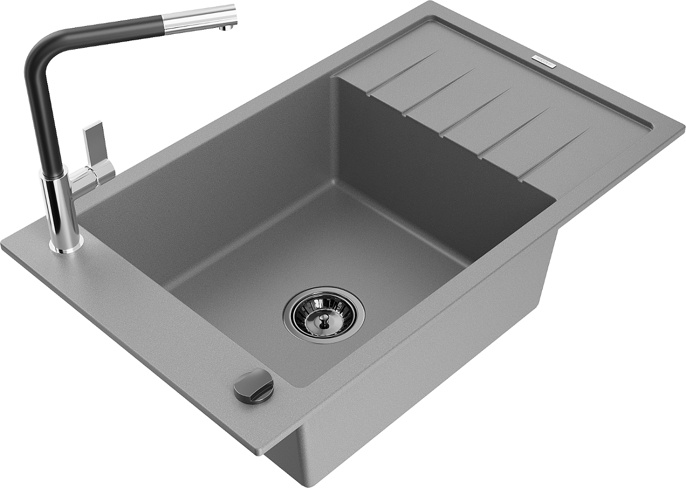 Mexen Elias zlewozmywak granitowy 1-komorowy z ociekaczem i baterią kuchenną Flora, szary - 6511-71-670401-07-B