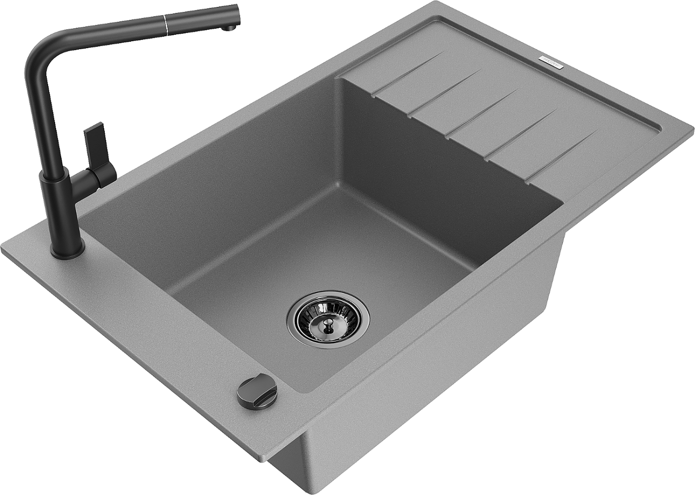 Mexen Elias zlewozmywak granitowy 1-komorowy z ociekaczem i baterią kuchenną Flora, szary - 6511-71-670401-70-B