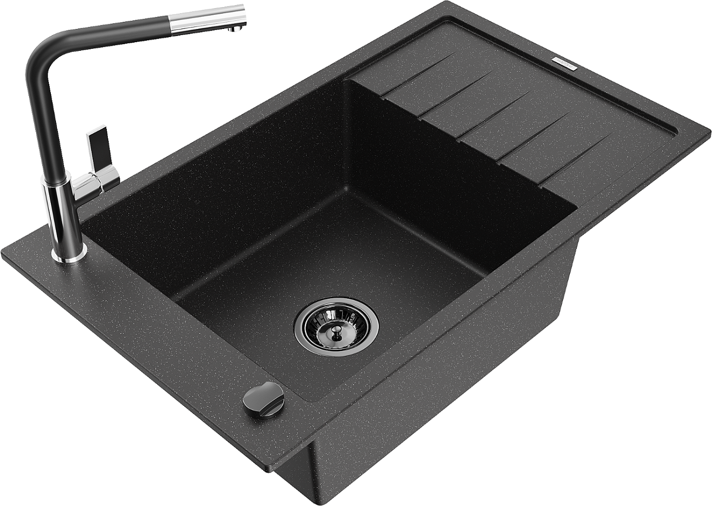 Mexen Elias zlewozmywak granitowy 1-komorowy z ociekaczem i baterią kuchenną Flora, czarny/srebrny metalik - 6511-73-670401-07-B