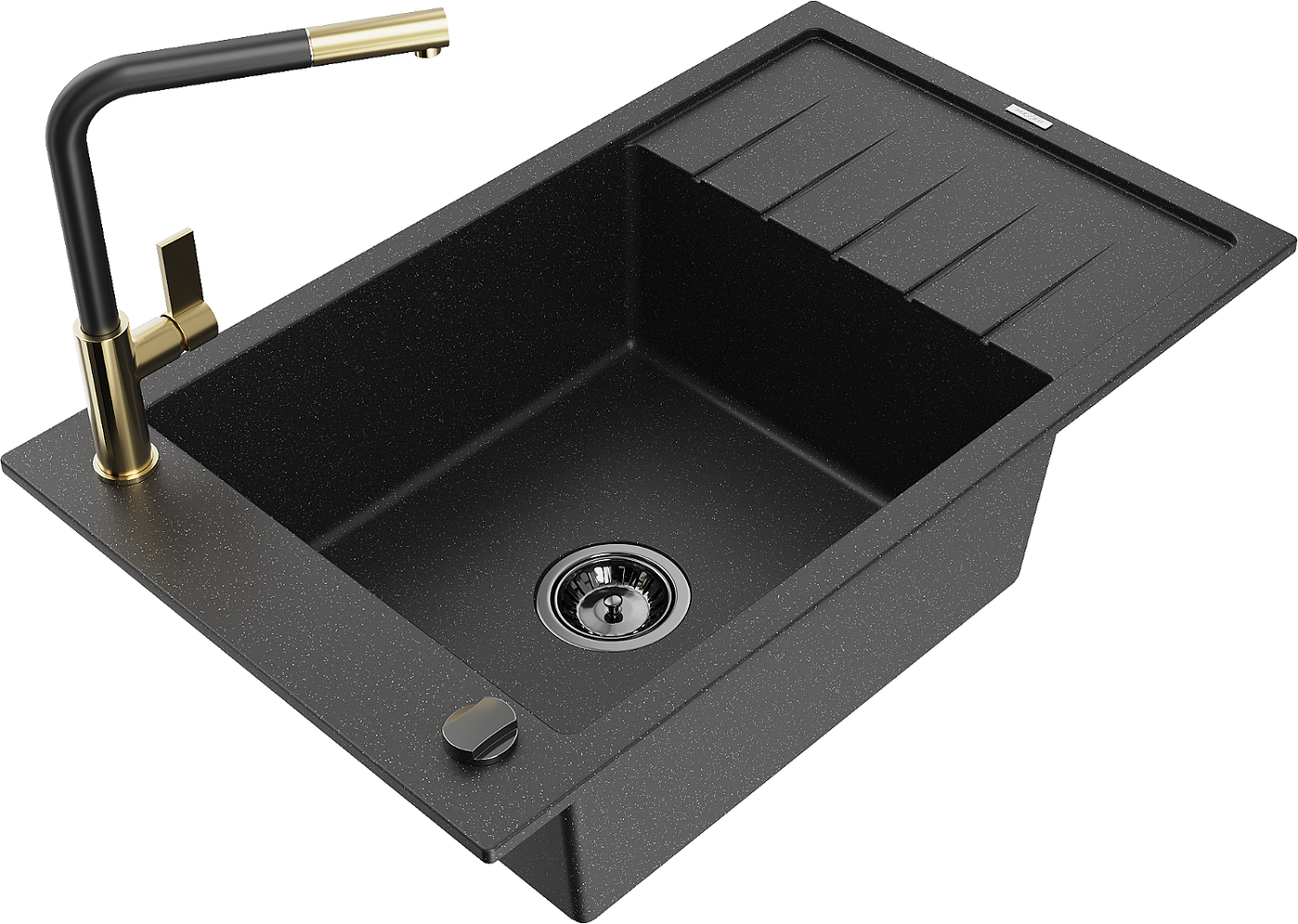 Mexen Elias zlewozmywak granitowy 1-komorowy z ociekaczem i baterią kuchenną Flora, czarny/srebrny metalik - 6511-73-670401-57-B