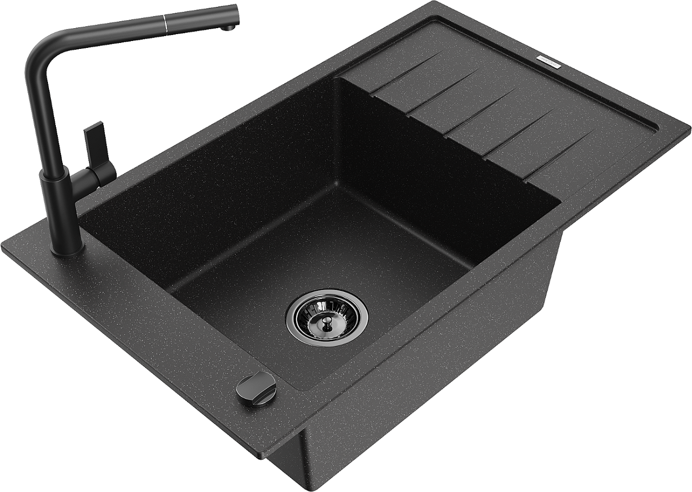 Mexen Elias zlewozmywak granitowy 1-komorowy z ociekaczem i baterią kuchenną Flora, czarny/srebrny metalik - 6511-73-670401-70-B