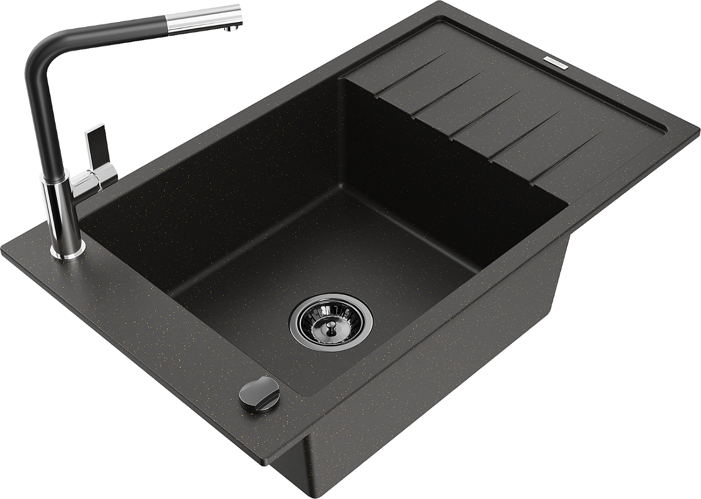 Mexen Elias zlewozmywak granitowy 1-komorowy z ociekaczem i baterią kuchenną Flora, czarny/złoty metalik - 6511-75-670401-07-B