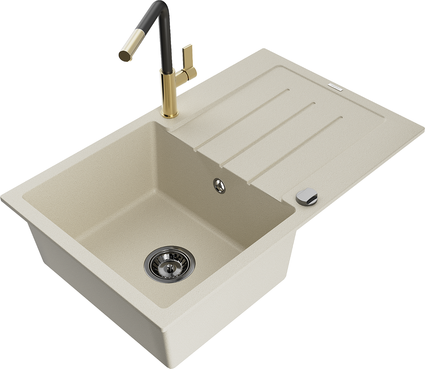 Mexen Bruno zlewozmywak granitowy 1-komorowy z ociekaczem i baterią kuchenną Flora, beżowy - 6513-69-670401-57-B