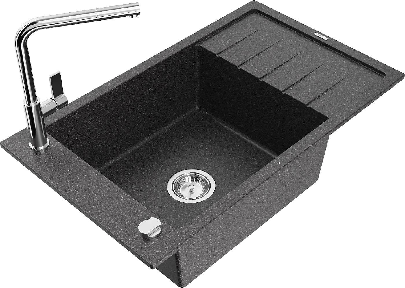 Mexen Elias zlewozmywak granitowy 1-komorowy z ociekaczem i baterią kuchenną Flora, czarny nakrapiany - 6511-76-670401-00