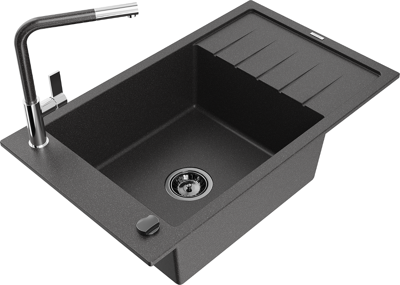 Mexen Elias zlewozmywak granitowy 1-komorowy z ociekaczem i baterią kuchenną Flora, czarny nakrapiany - 6511-76-670401-08-B