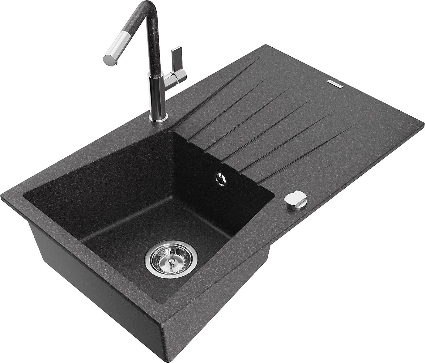 Mexen Cesar zlewozmywak granitowy 1-komorowy z ociekaczem i baterią kuchenną Flora, czarny nakrapiany - 6514-76-670401-08
