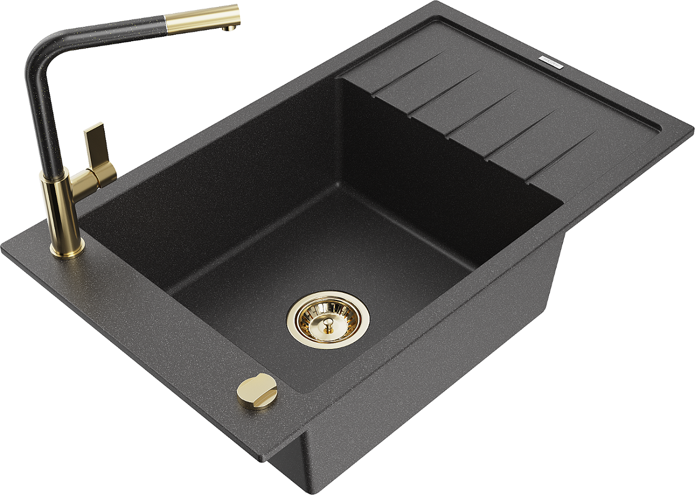 Mexen Elias zlewozmywak granitowy 1-komorowy z ociekaczem i baterią kuchenną Flora, czarny nakrapiany - 6511-76-670401-75-G