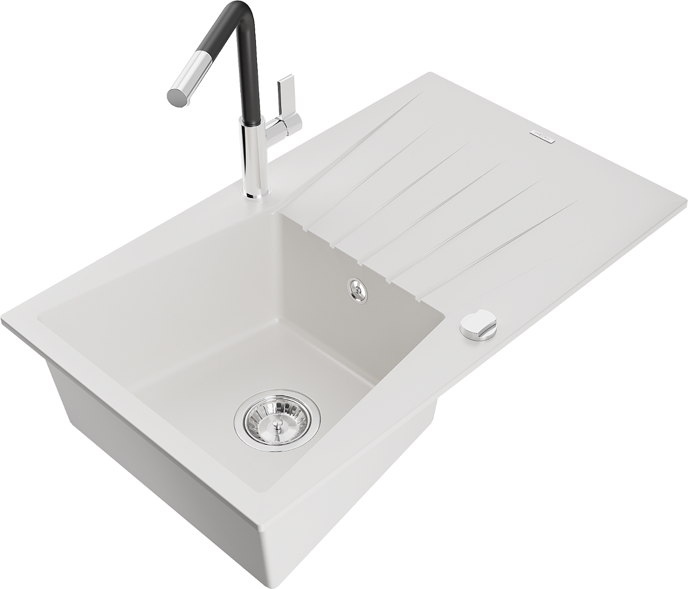 Mexen Cesar zlewozmywak granitowy 1-komorowy z ociekaczem i baterią kuchenną Flora, biały - 6514-20-670401-07