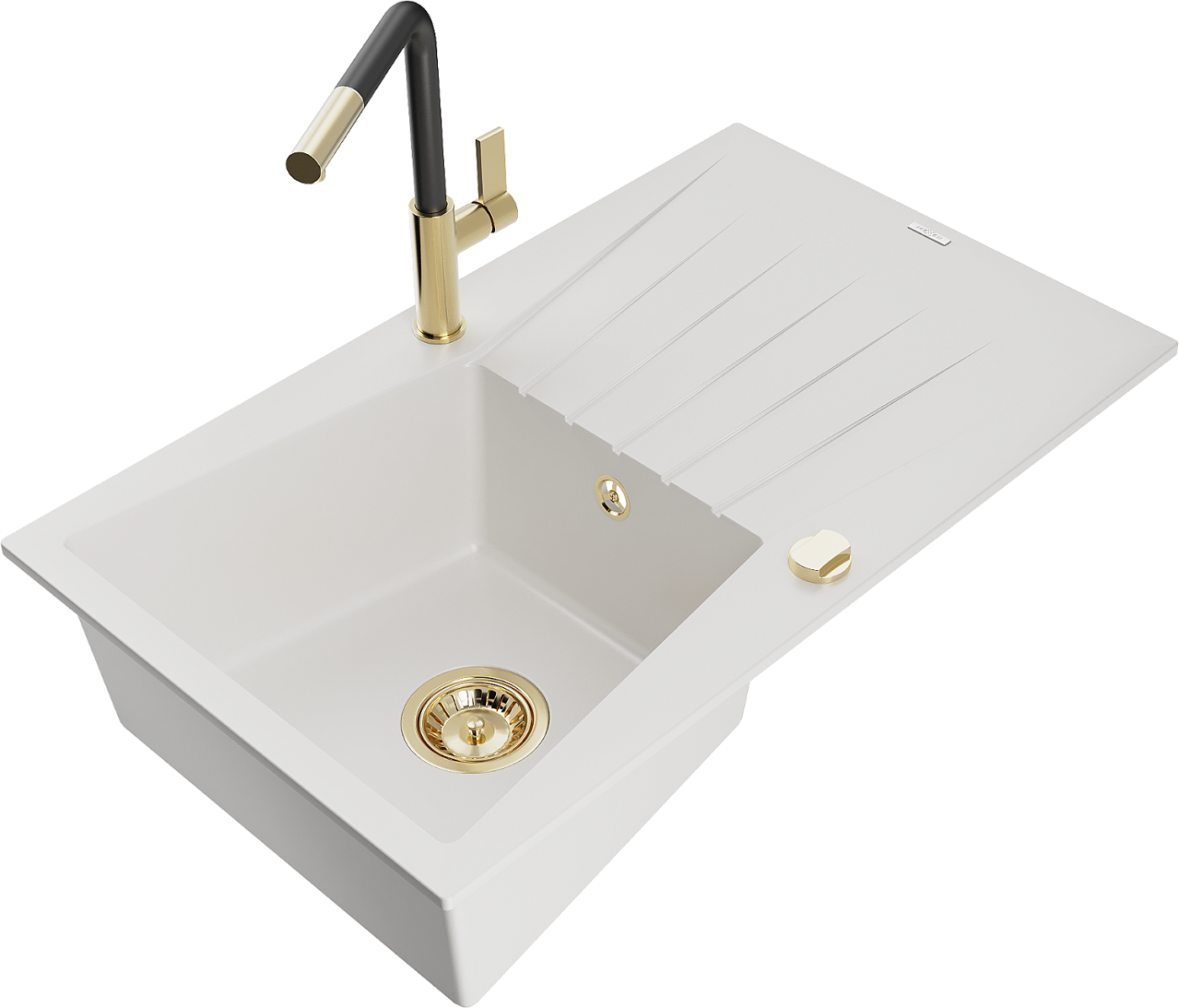 Mexen Cesar zlewozmywak granitowy 1-komorowy z ociekaczem i baterią kuchenną Flora, biały - 6514-20-670401-57-G