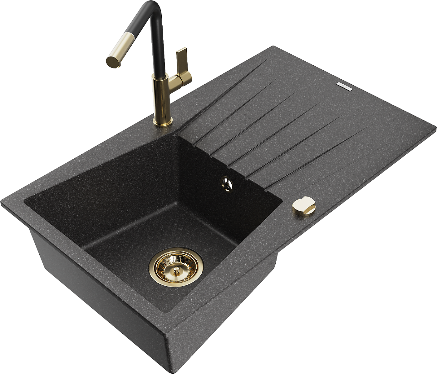 Mexen Cesar zlewozmywak granitowy 1-komorowy z ociekaczem i baterią kuchenną Flora, czarny nakrapiany - 6514-76-670401-57-G