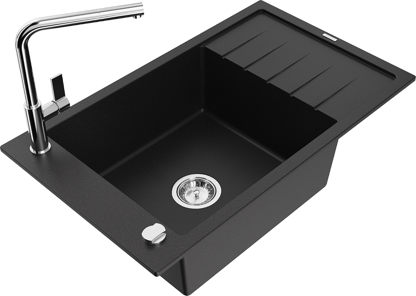 Mexen Elias zlewozmywak granitowy 1-komorowy z ociekaczem i baterią kuchenną Flora, czarny - 6511-77-670401-00