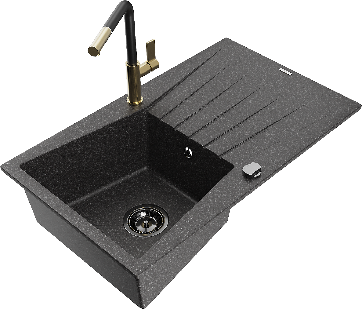 Mexen Cesar zlewozmywak granitowy 1-komorowy z ociekaczem i baterią kuchenną Flora, czarny nakrapiany - 6514-76-670401-57-B