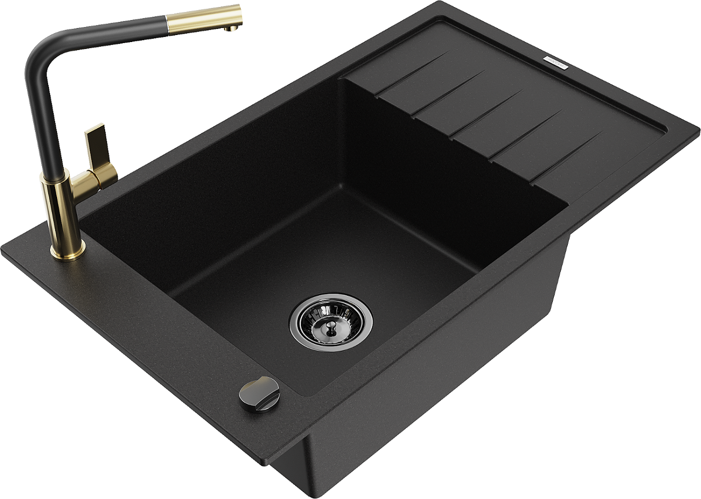 Mexen Elias zlewozmywak granitowy 1-komorowy z ociekaczem i baterią kuchenną Flora, czarny - 6511-77-670401-57-B
