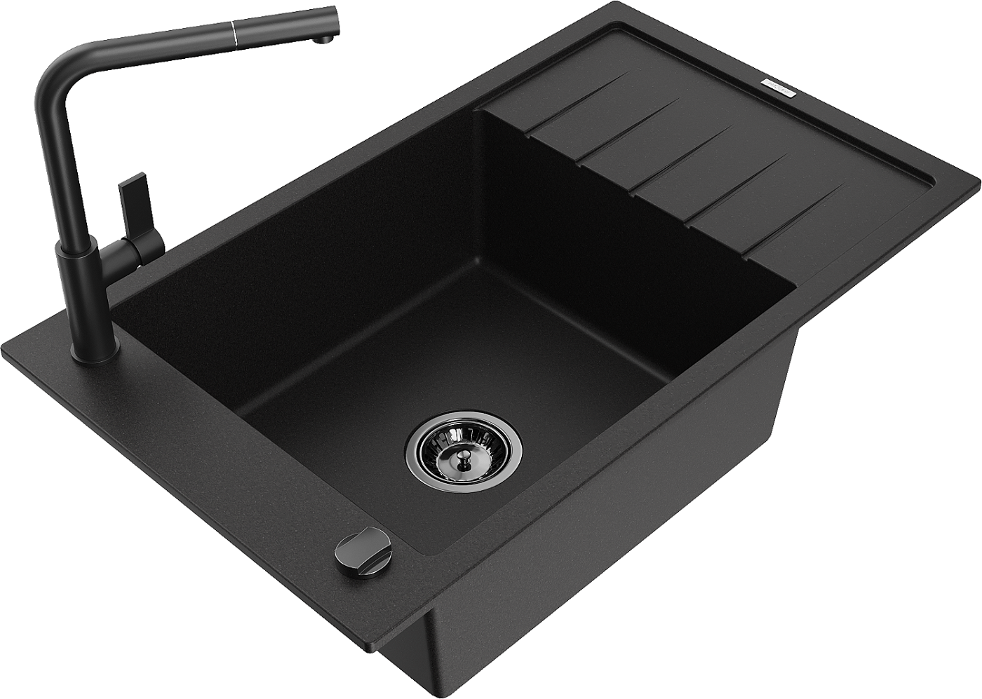Mexen Elias zlewozmywak granitowy 1-komorowy z ociekaczem i baterią kuchenną Flora, czarny - 6511-77-670401-70-B