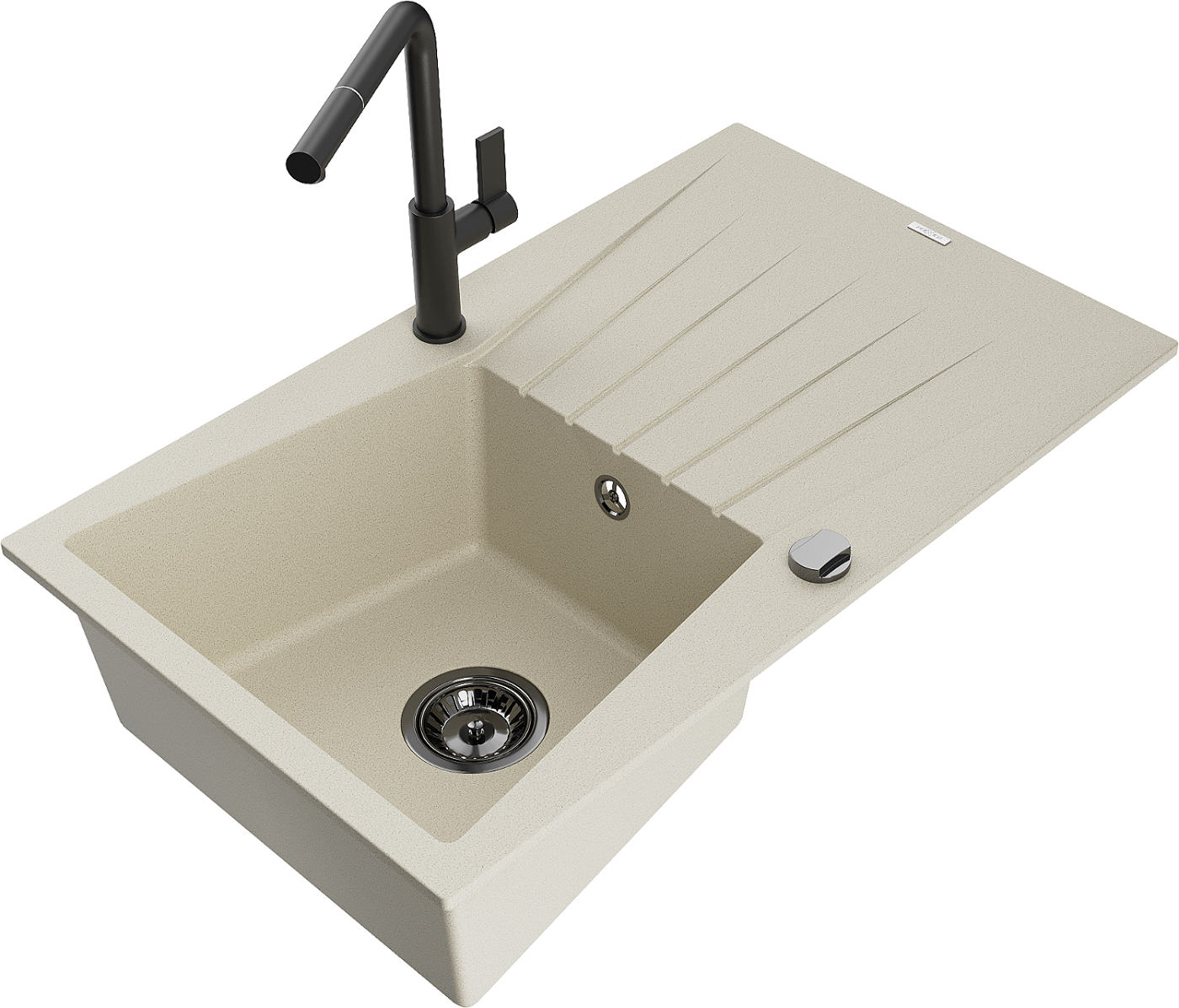 Mexen Cesar zlewozmywak granitowy 1-komorowy z ociekaczem i baterią kuchenną Flora, beżowy - 6514-69-670401-70-B