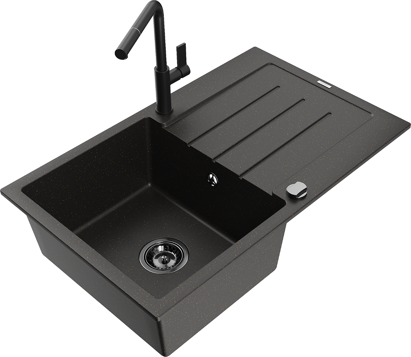Mexen Bruno zlewozmywak granitowy 1-komorowy z ociekaczem i baterią kuchenną Flora, czarny/złoty metalik - 6513-75-670401-70-B
