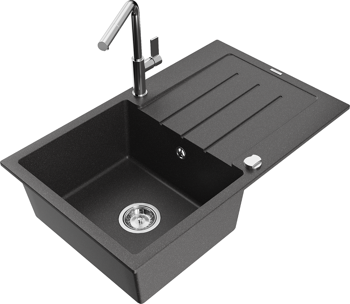 Mexen Bruno zlewozmywak granitowy 1-komorowy z ociekaczem i baterią kuchenną Flora, czarny nakrapiany - 6513-76-670401-00