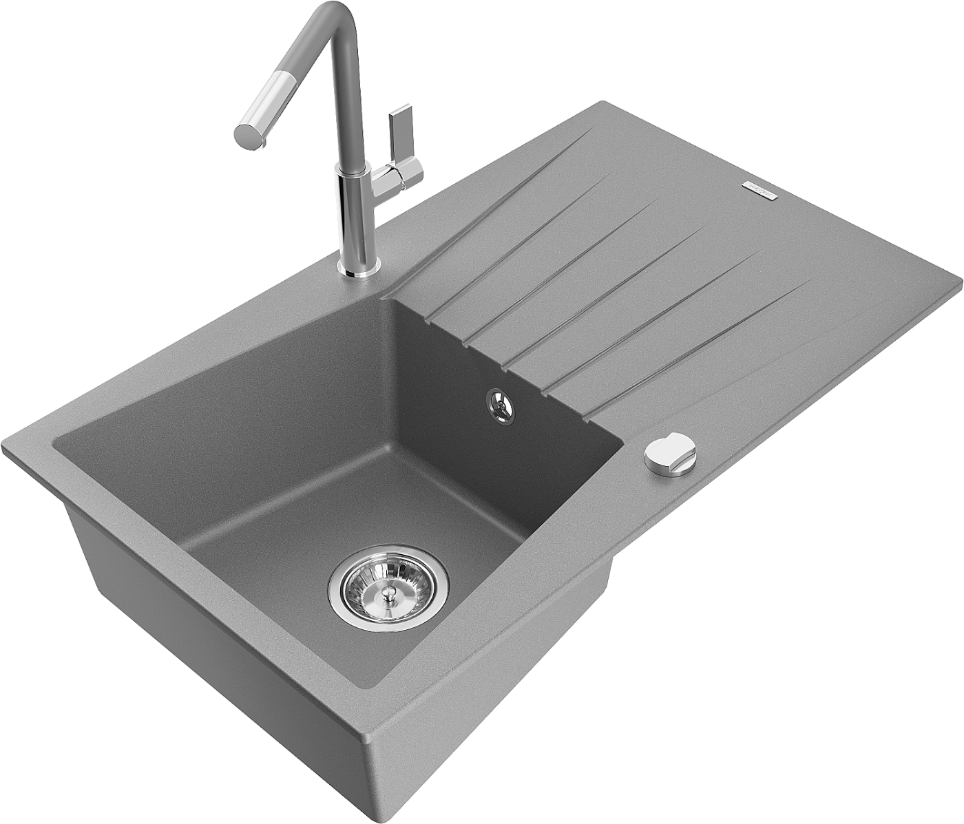 Mexen Cesar zlewozmywak granitowy 1-komorowy z ociekaczem i baterią kuchenną Flora, szary - 6514-71-670401-06
